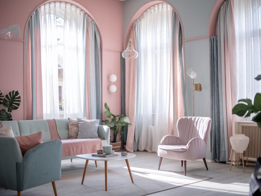 nowoczesny salon z kolorowymi zasłonami