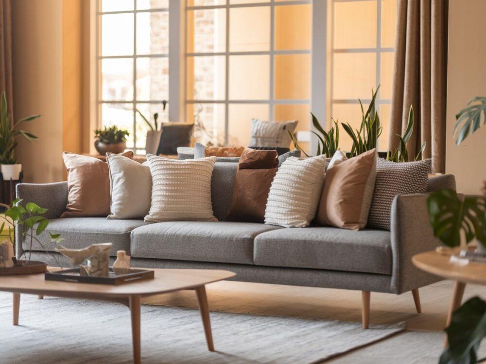 szara sofa z poduszkami